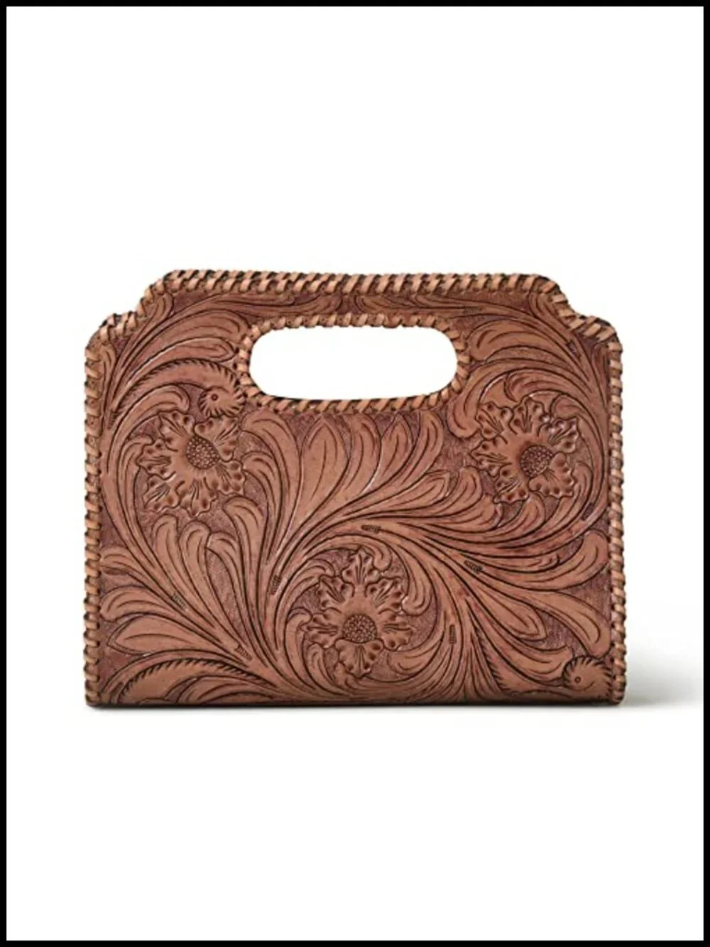 Genuine Leather Embroidered Floral Clutch Purse - Western Handcrafted Bag,